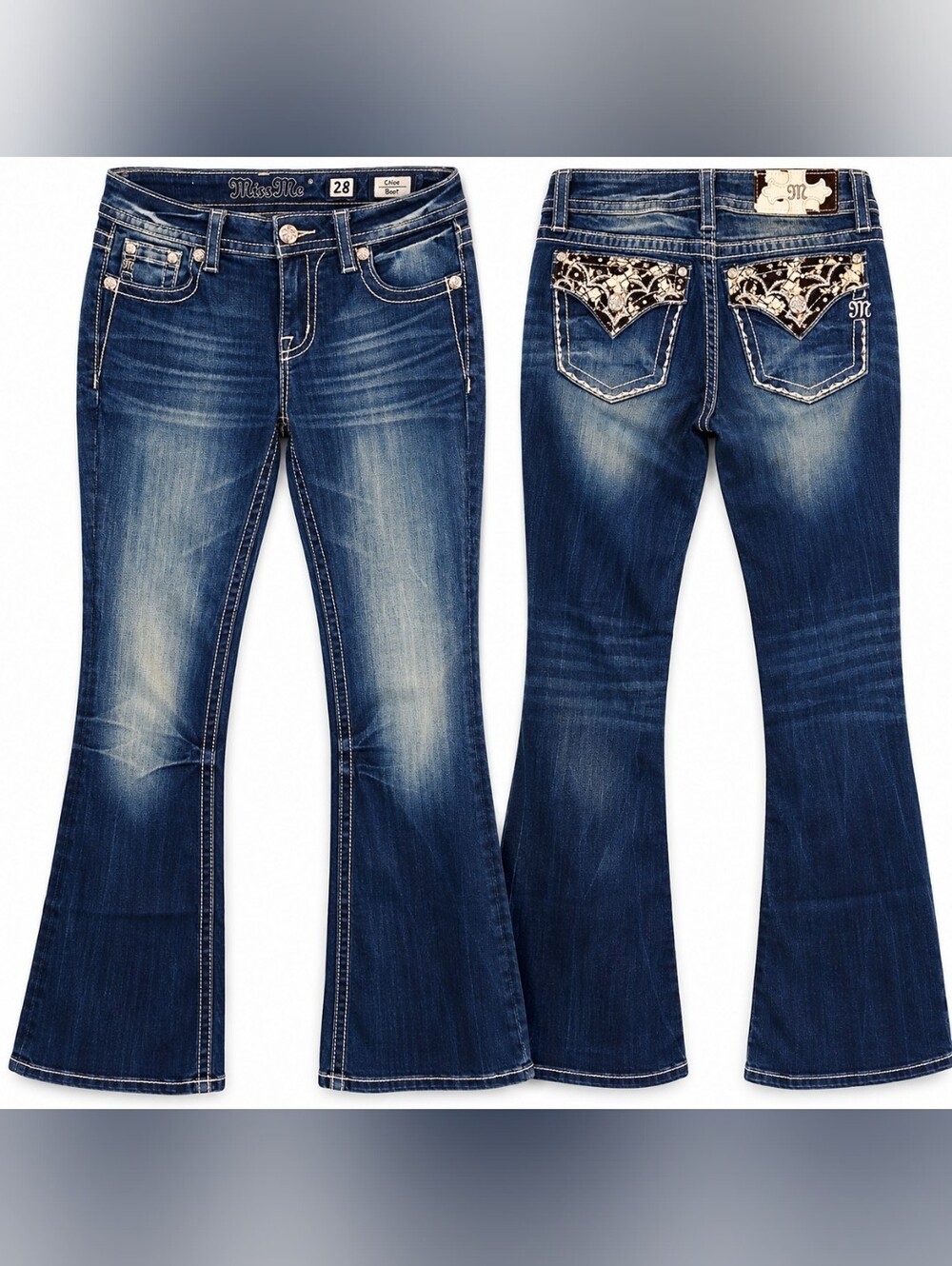 Miss Me Chloe Boot Jeans Womens 28 Cowhide Rhinestone Embellished Bootcut 32